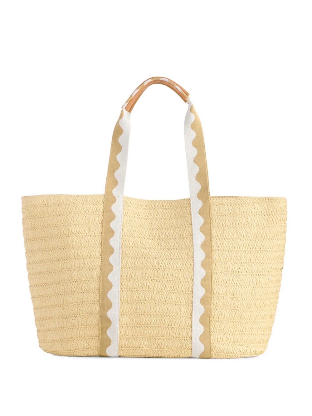 Shiraleah Tan Marbella Straw Tote with White Scalloped Ric-Rac Straps